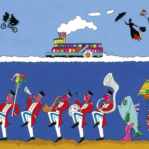 Parade marschierende Brass Jazz Band New Orleans Mardi Gras Stil. Original Acrylgemälde, blanko Innen Grußkarte.