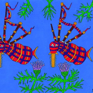Bagpipe Scottish Tartan Musical Fish card (Phìob Mhòr) An Original Acrylic Painting Print, Blank Inside Greeting Card.