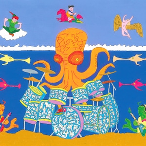 Octopus drummer blanco wenskaart, popart Musical Fish cartoon print.