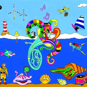 Peixe Polvo De Trompa Francesa. Uma cópia original da pintura acrílica, cartão interno vazio.