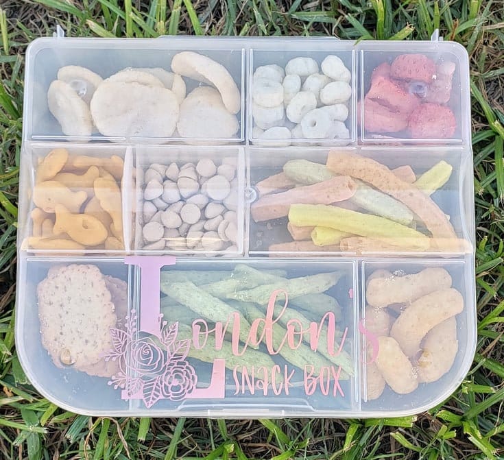 Road trip idea for toddler- tackle box with snacks
