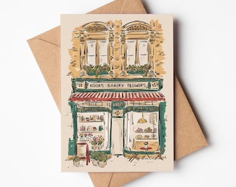 Books, Bakery, Flowers | Storefront | A6 Hand Illustrated Greetings Card | Art Cards | Blank Inside