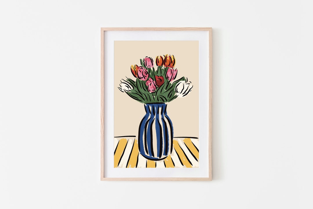 Tulips in Striped Vase Art Print | Modern Floral Illustration - Etsy