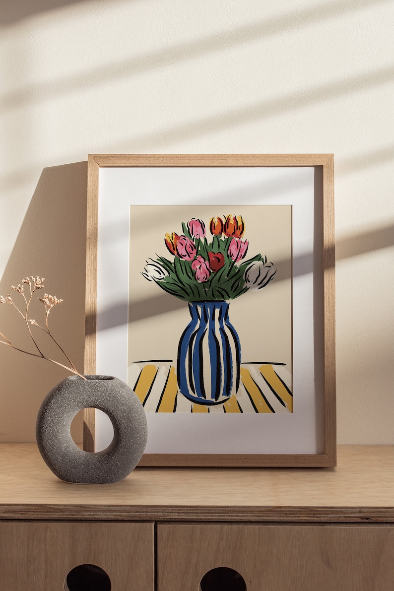 Tulips in Striped Vase Art Print | Modern Floral Illustration - Etsy