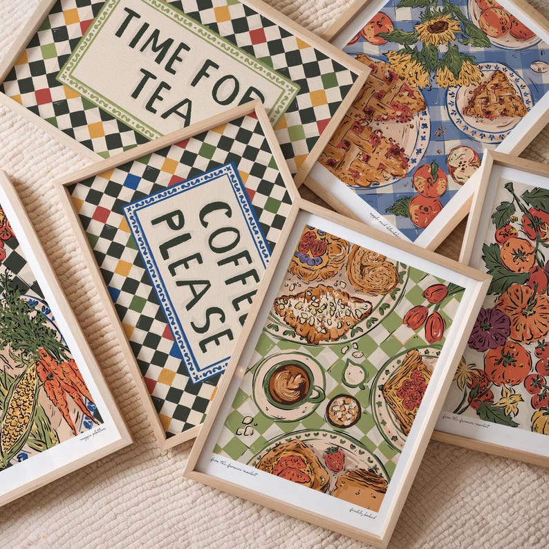 May include: A collection of framed art prints with a vintage aesthetic. The prints feature food illustrations, checkered patterns, and text that reads "Time for Tea" and "Coffee Please." The color palette includes beige, green, red, and blue.