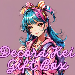 Könnte beinhalten: Eine bunte Illustration einer jungen Frau mit blauen und pinken Haaren, die einen rosa Hoodie, ein buntes Stirnband und einen Rucksack trägt. Der Text "Decora Kei Gift Box" ist in pinken Buchstaben geschrieben.