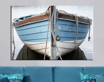 Old Boat Canvas Print, Blue White  Boat Wall Decor, Beach House Decor, Rustic wooden boat print