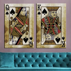 Decorazione da parete con carte da gioco "Re e Regina", tela con carte da gioco vintage, SET da 2 pannelli