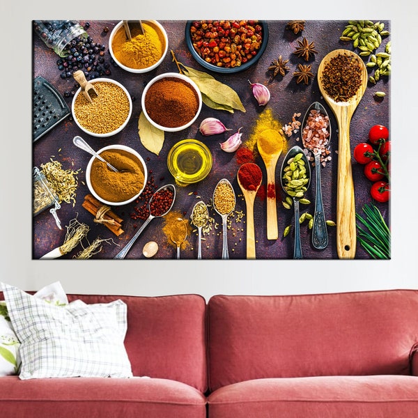 Healthy food wall art, Spices in spoons canvas print, Spices decor for the kitchen wall art