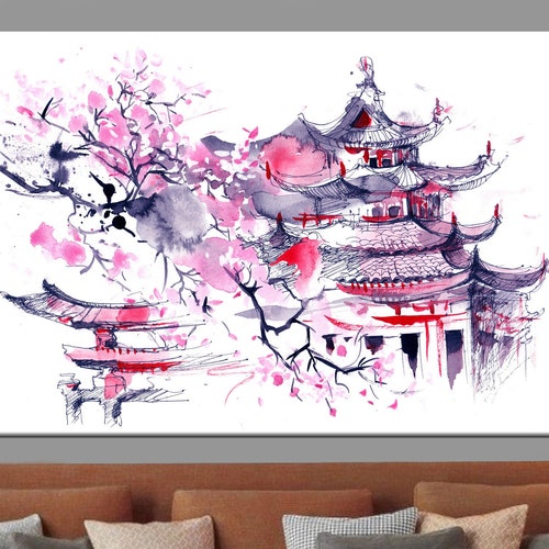 Watercolour Japanese Style Canvas Print Cherry Blossom Wall Etsy
