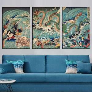 Utagawa Kuniyoshi Reproduction, Recovering the Stolen Jewel from the Palace of the Dragon King decor print, 3 PANELS SET