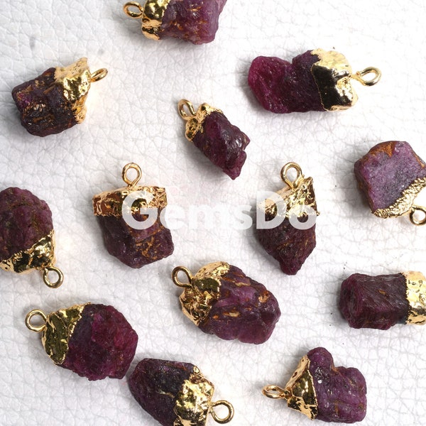 Natural Ruby Raw Rough Gemstone Connectors, DIY Pendants, Birthstone Charms Connectors, Gold Plated Connector Charms