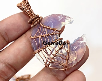 Spider Web Opalite Crescent Moon Pendant, Natural Opalite Gemstone, Wire Wrapped Pendants, Copper Wire Wrapped Stone, Halloween Jewelry