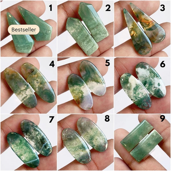 Green Moss Agate Cabochons Pair, Moss Agate Pair, Green Moss Agate Gemstone, Loose Moss Agate, Cabochons, Wholesale Price Jewelry Stones