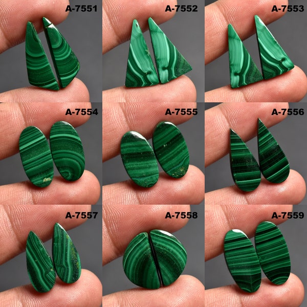 Natural Malachite Gemstone, Malachite Pairs, Matched Pair Malachite Cabochons, Green Malachite Pairs For Earrings, Wholesale Malachite Pair