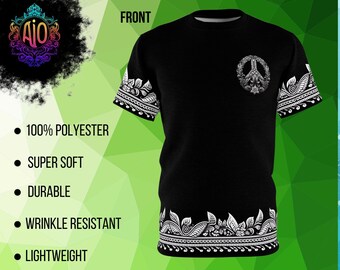 Koszulka ze znakiem pokoju | Koszula festiwalowa | Czarno-biała koszulka z napisem Peace | Koszulka boho peace | Strój Rave | Koszulka unisex