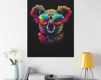 May include: A colorful illustration of a koala wearing sunglasses with a tropical scene reflected in the lenses. The koala is surrounded by vibrant pink, purple, and blue flowers.