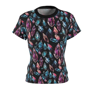 Women&#39;s Gemstone Tee, Pink and Blue Hue Shirt, Jewel Patterned Top, Elegant Gem Design, Luxurious Ladies&#39; Wear