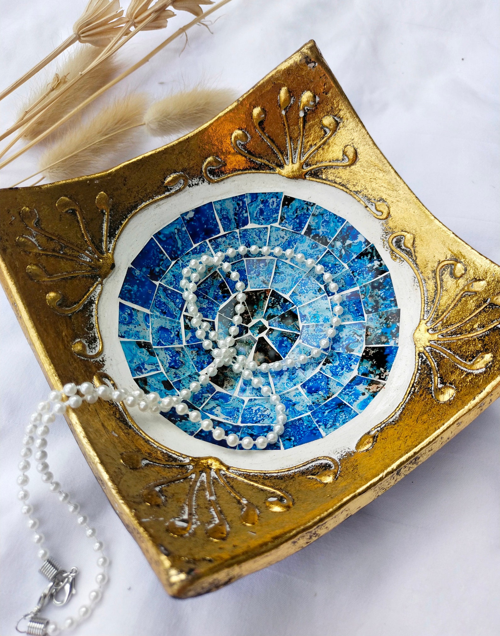 Mosaic Tile Plate / Decorative plate / Jewelry Dish in gold / Etsy