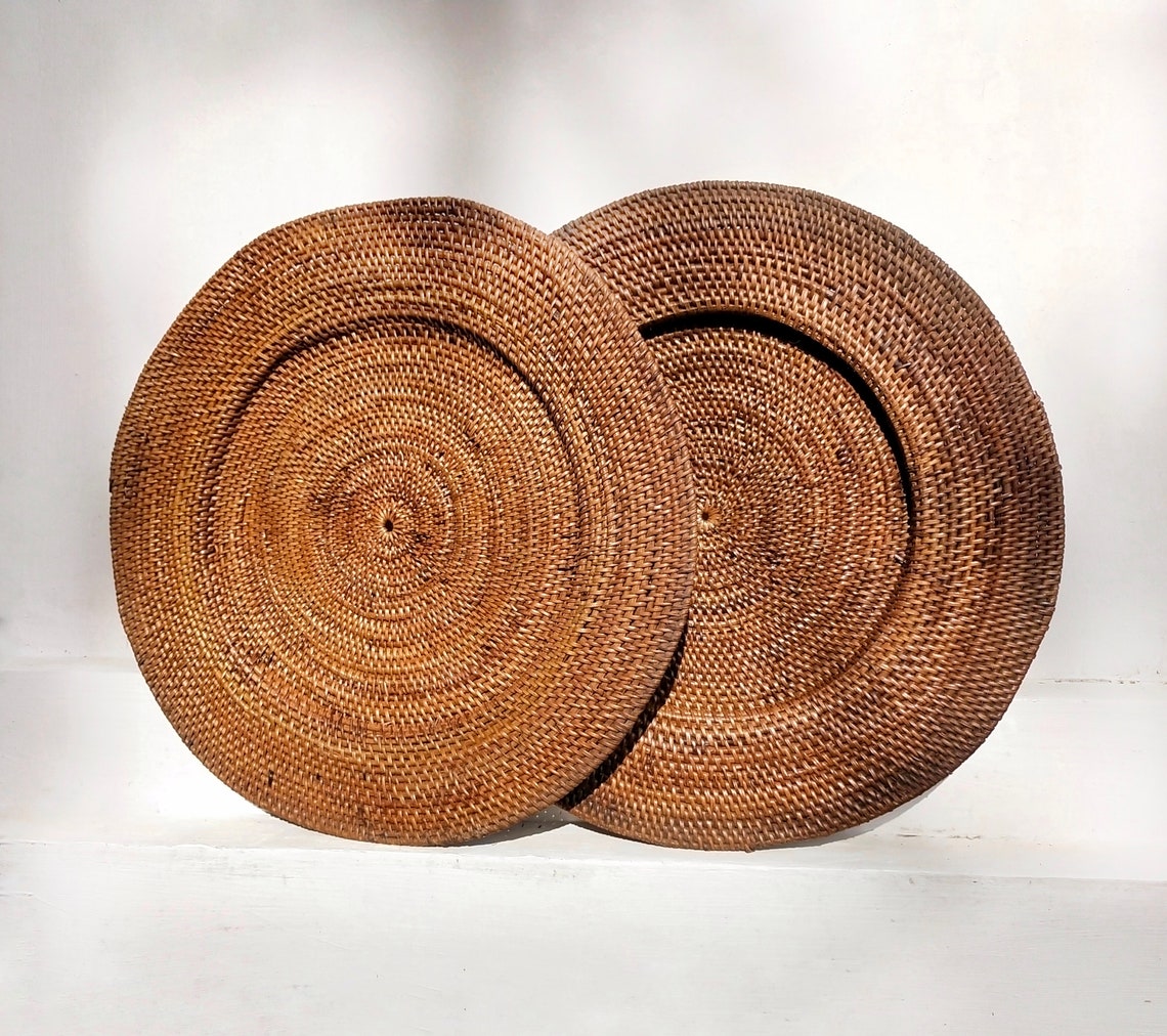 SET of 2 Woven rattan plate Rattan wall decor Bohemian Etsy