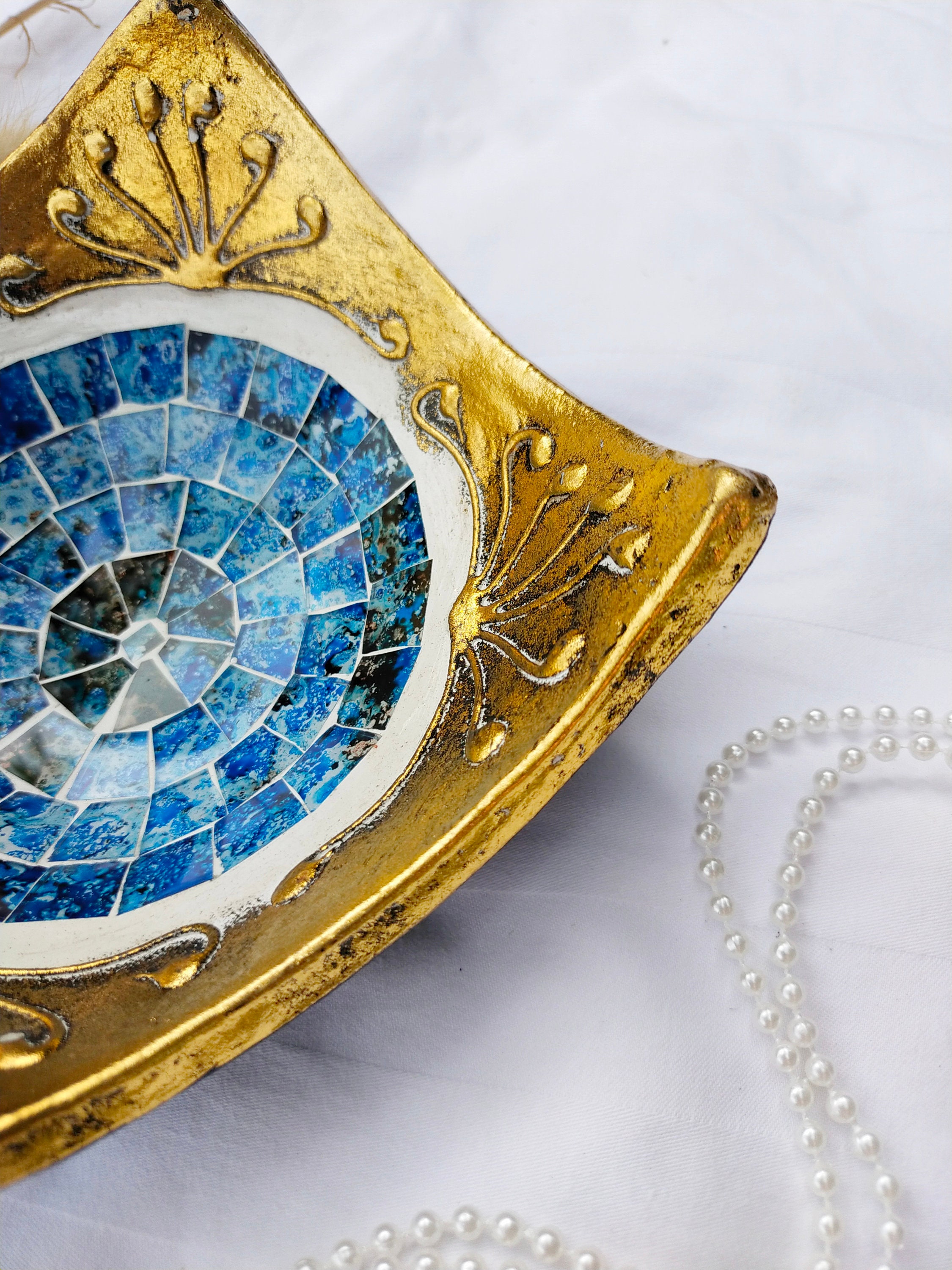 Mosaic Tile Plate / Decorative plate / Jewelry Dish in gold / Etsy