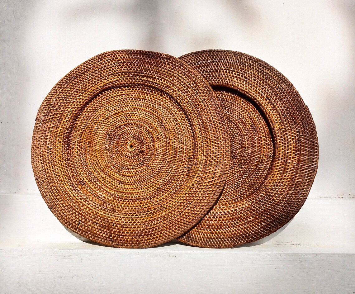 SET of 2 Woven rattan plate Rattan wall decor Bohemian Etsy