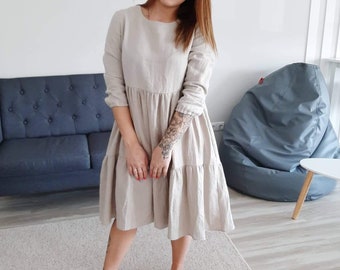 Robe courte en lin | Robe fluide avec manches | Robe rétro en lin | Robe en lin pour femme avec | à manches longues | de mode en lin