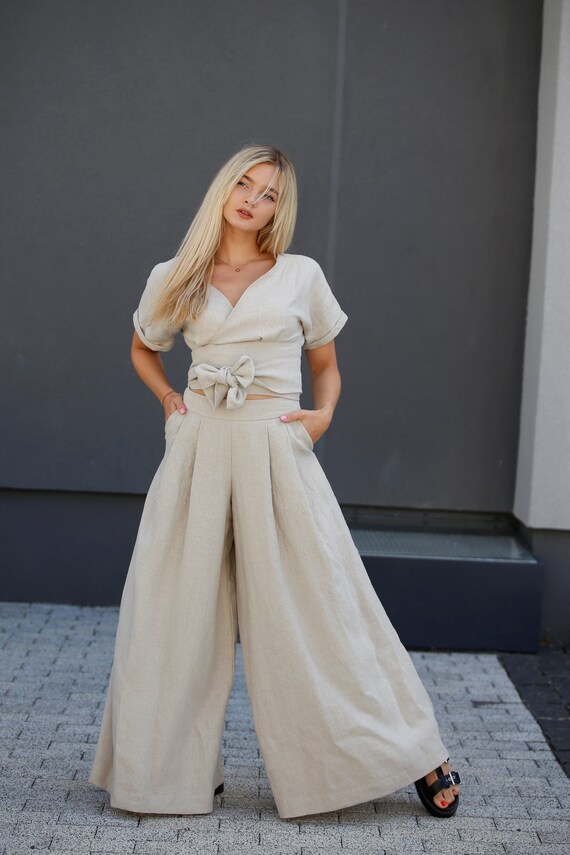 Linen Toplinen Trousersflowy Pantswide 