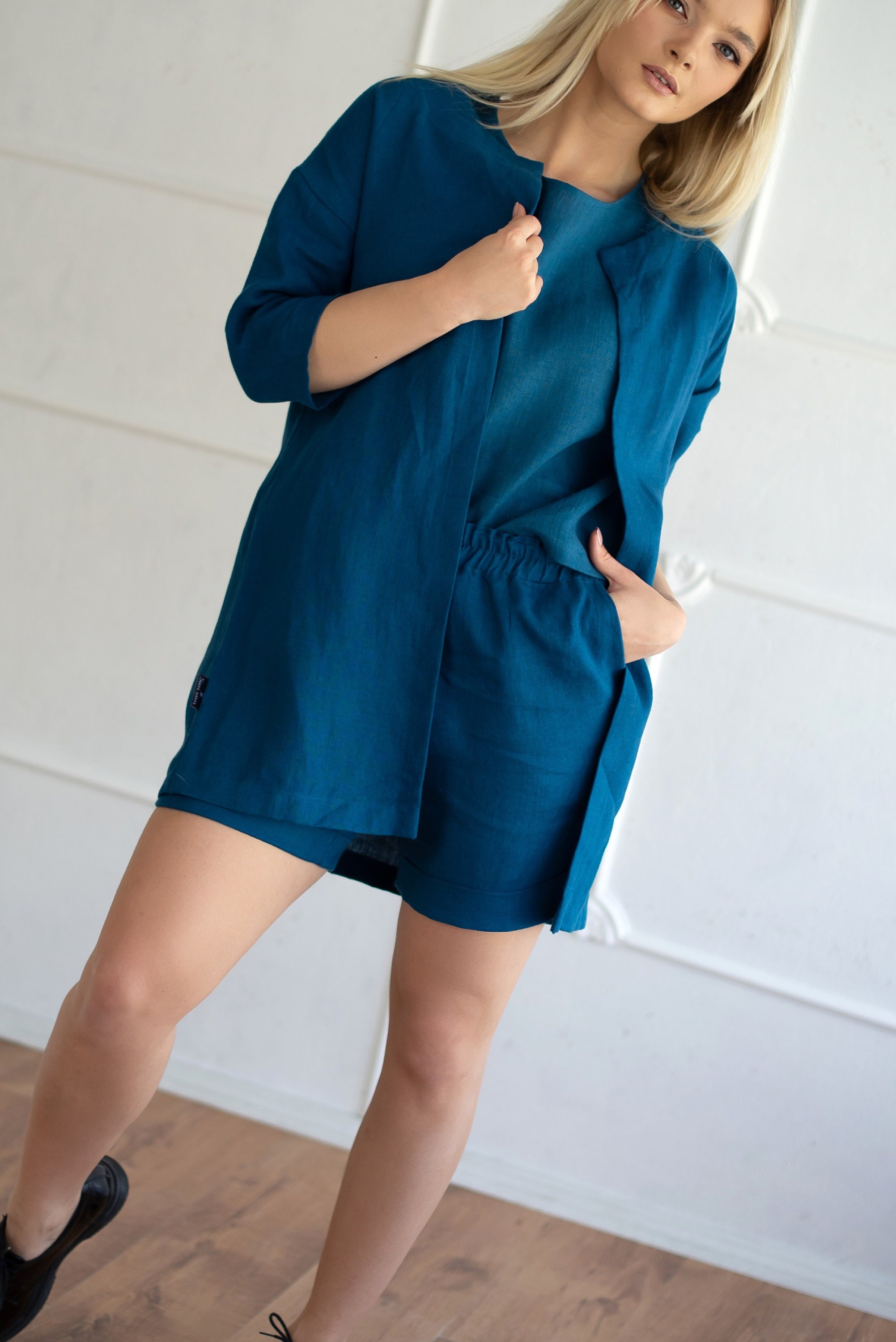 Linen Top and Shorts Set for Women 3piece Set pure Linen Classic Suit Linen Shorts Pants, Top