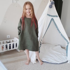 Leinen Mädchenkleid, Leinen Lose und Langarm Kleid, Grünes Leinenkleid, Blumenkleid für Girle, Leinen Babykleidung
