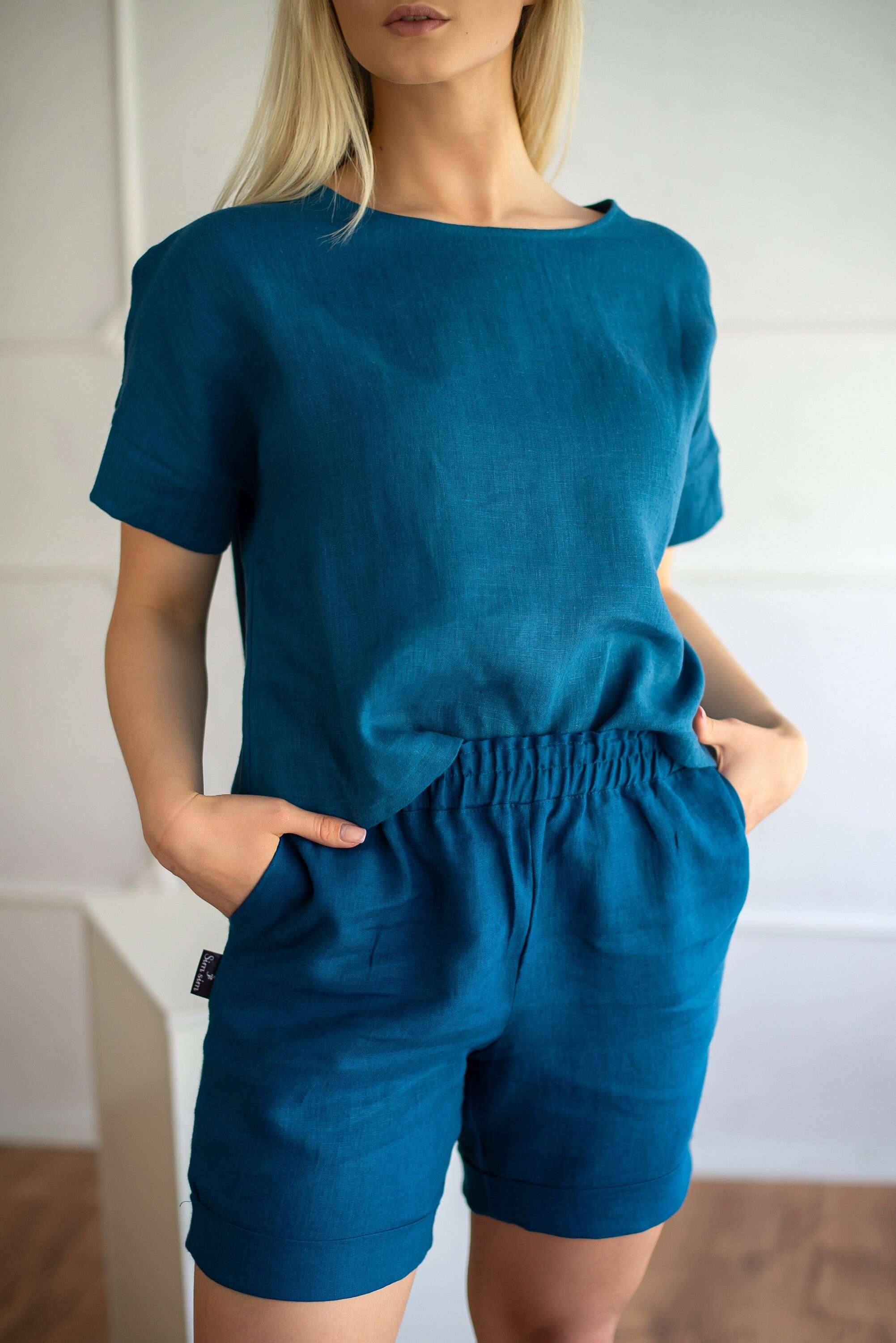 Linen Top and Shorts Set for Women 3piece Set pure Linen Classic Suit Linen Shorts Pants, Top