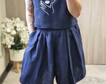 Linen short-skirt for women,blue short set,linen ctop top and short. Summer linen clothes, embroidered set for summer.