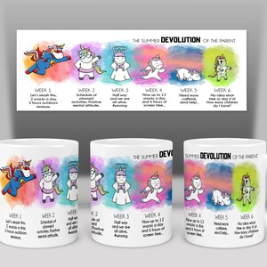 Può includere: Una tazza in ceramica bianca con un'illustrazione colorata di un unicorno in diverse fasi della genitorialità estiva. Il testo recita "The Summer Devolution of the Parent" e mostra una progressione dell'unicorno, da supereroe a un genitore stanco e sopraffatto. Ogni fase è etichettata con un numero di settimana e una descrizione dello stato del genitore.