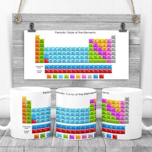May include: Three white mugs with a colorful periodic table of the elements printed on them. The mugs are on a wooden surface.