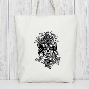Skull Lady with Tattoo Snake & Flowers Tote Bag gift Unusual Christmas Birthday present for friend him / her Day of the dead design reusable