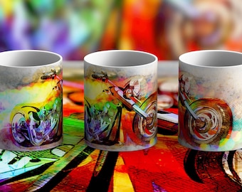 Colourful Motorbike mug with three different artistic drawn designs. Ideal for anybody who likes motorcycles Great gift for Family or friend