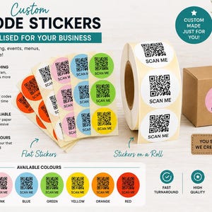 May include: Custom QR code stickers in a range of colours, including white, pink, blue, green, yellow, orange, and red. The stickers are available as flat stickers and on a roll, with the text "SCAN ME" on each sticker.