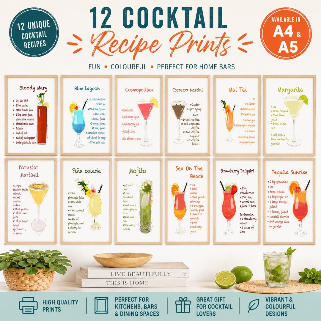12 Classic Cocktail Recipe Prints, Home Bar Wall Art Set (A4/A5