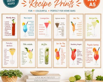 12 Classic Cocktail Recipe Prints, Home Bar Wall Art Set (A4/A5)