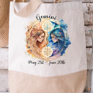 Zodiac Canvas Jute bag with Colourful Watercolour image Star Sign Astrology Gift Friend Family Birthday present Mom Auntie Nan Bag for life