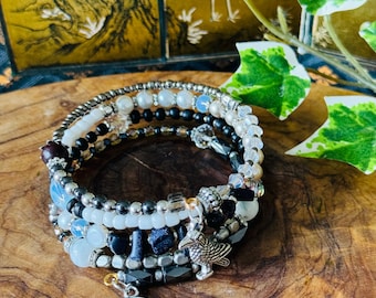 Hecate Goddess Crow Power Wrap Bracelet Pagan Wicca Witch Opalite - Snow Quartz