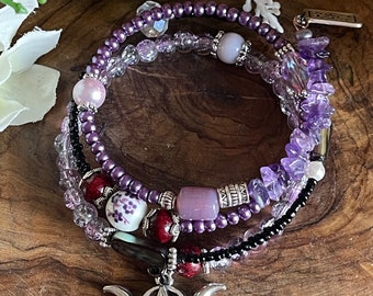 Dark Triple Moon & Tarot Witch Wrap Bracelet Gothic Pagan Wicca - Amethyst Stones