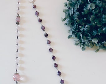 Rose Quartz and Amethyst Goddess Moon Rosary Beads Set Pagan Wicca Spiritual Prayer Beads