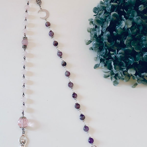 Rose Quartz and Amethyst Goddess Moon Rosary Beads Set Pagan Wicca Spiritual Prayer Beads