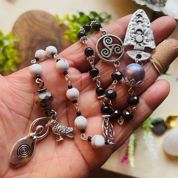 Hecate Dark Goddess Rosary - Wicca Witch Pagan Path Howlite Obsidian Healing Stones