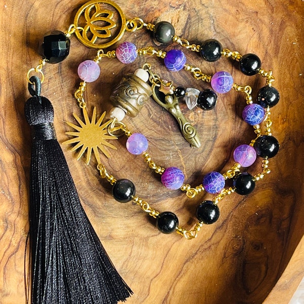 Power, Protection and Stability Obsidian & Purple Agate Healing Rosary - Wicca Witch Pagan Goddess