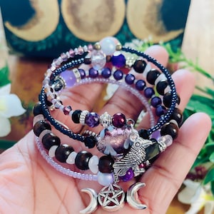 Morrigan Triple Moon Crow Bracelet Pagan Wicca - Lavender Jade Rose Quartz Stone