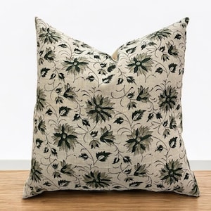 Block print linen pillow, olive green floral pillow cover