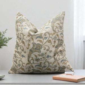 Block print linen pillow, olive green floral pillow cover