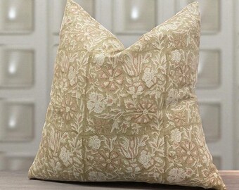 Floral Block Print Pillow Cover, Handcrafted Linen Cushion